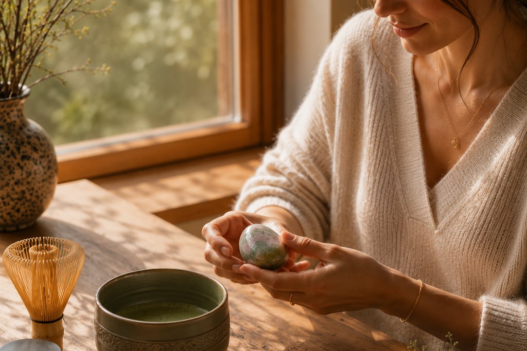 Green Strawberry Quartz used as part of an intentional morning matcha ritual.