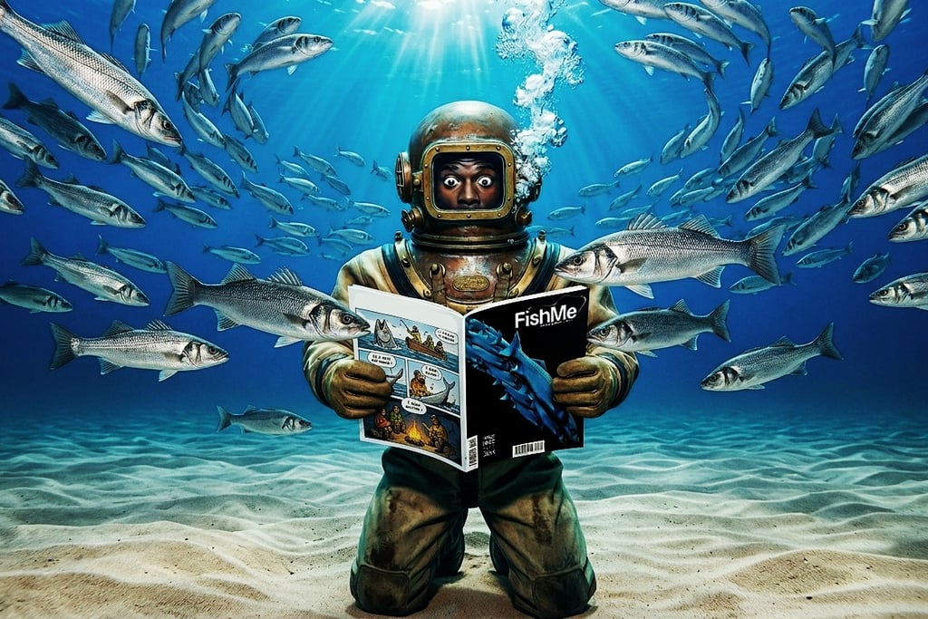Scaphandrier lisant FishMe Magazine au fond de l'océan — magazine de pêche par Enzo Minardi