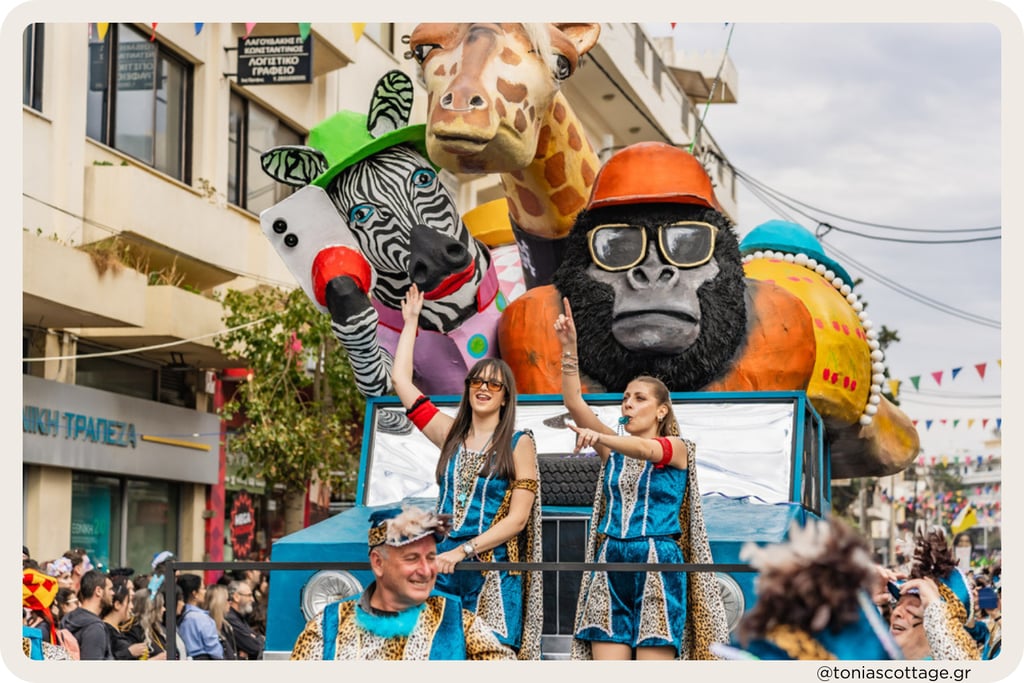 Colorful Rethymno carnival parade with costumes and large floats