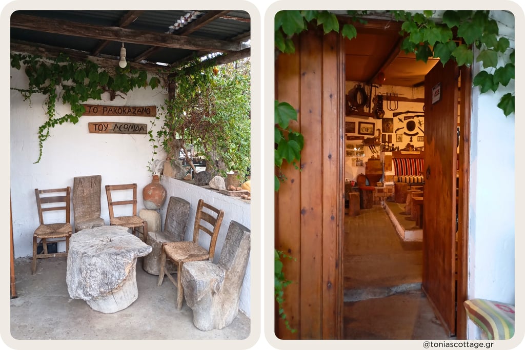 Rustic outdoor seating and open doorway to a traditional interior in Leonidas Rakokazano in Alagni