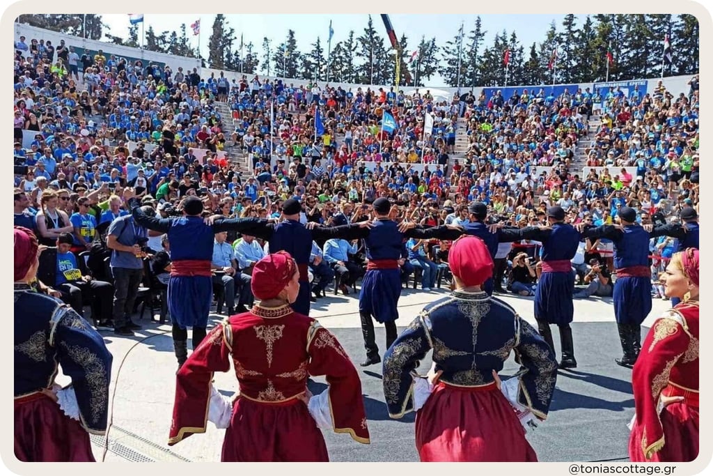 Traditional Cretan dance performance at the Crete Half Marathon in Arkalochori, Crete