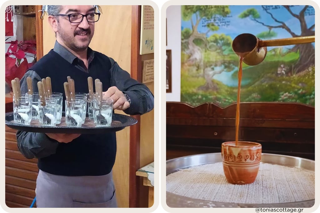 Manioros restaurant: submarine sweets with water glasses and Greek coffee being poured