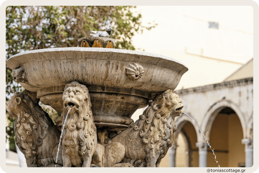 Close view of the Morosini Fountain, Lion Fountain, located in the main square of Heraklion