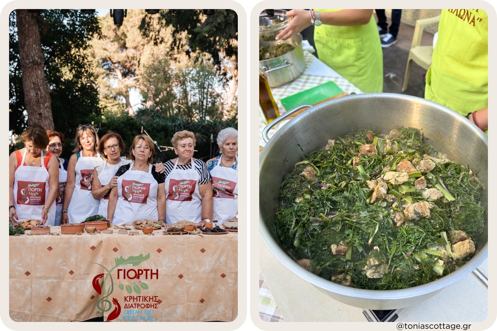 Cretan woman smiling while presenting a fresh greens at a village outdoor cooking event