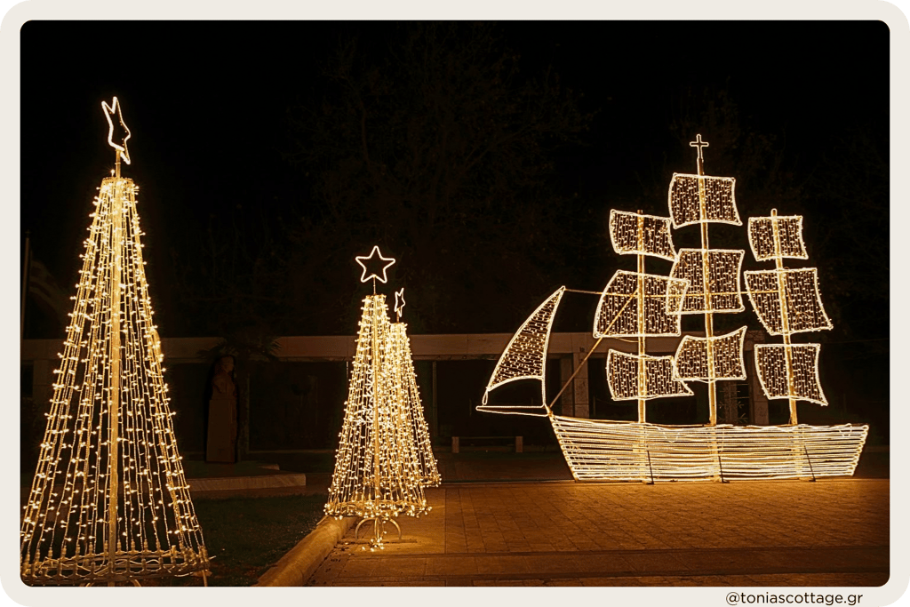 Christmas boat decorated with lights in Crete.