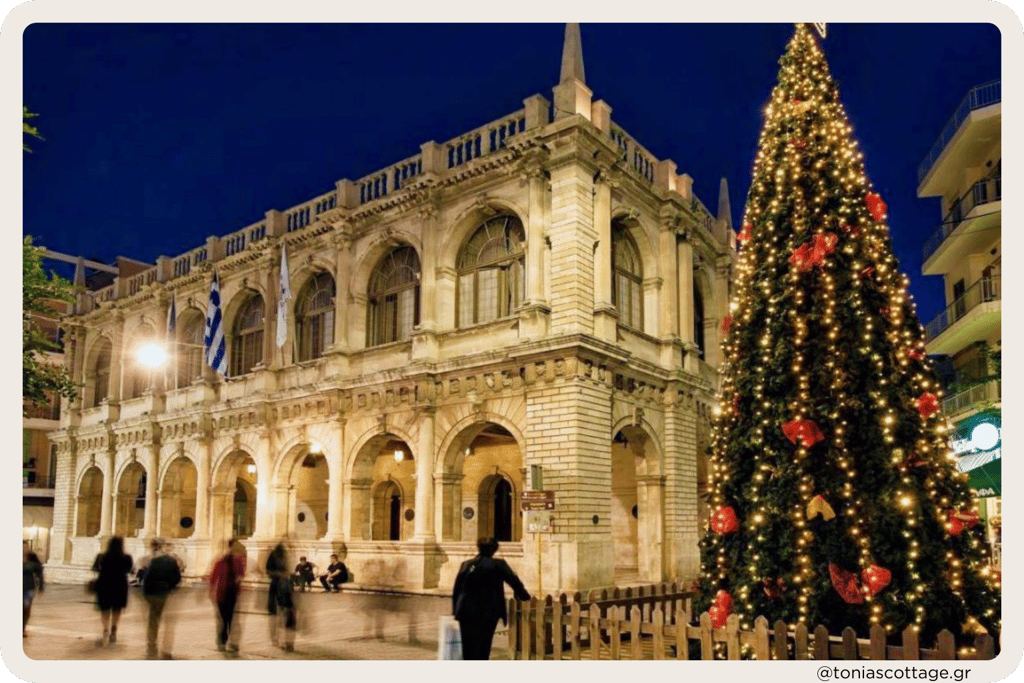 Christmas market in Heraklion, Crete, with a beautifully decorated tree