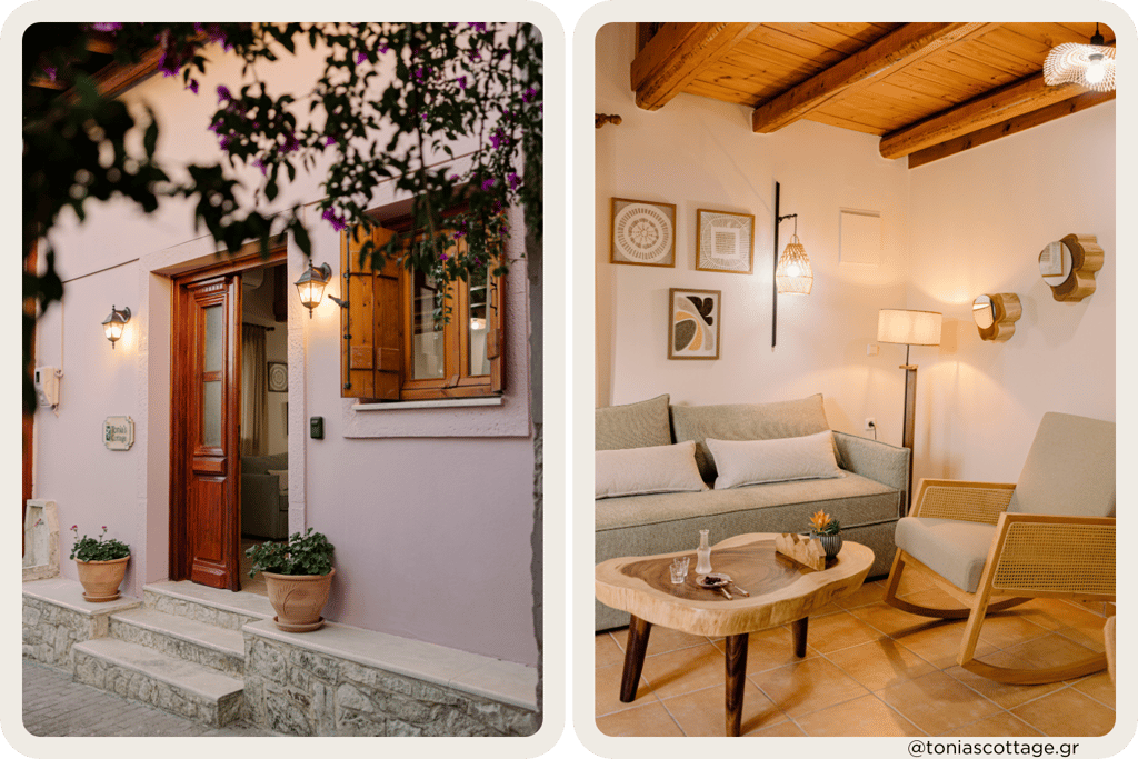 View of the entrance and sitting area of Tonia's Cottage in Alagni Village