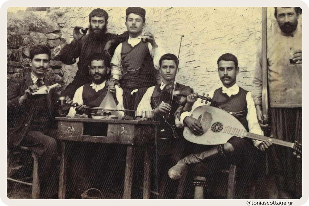 Vintage photo of Cretan villagers with instruments