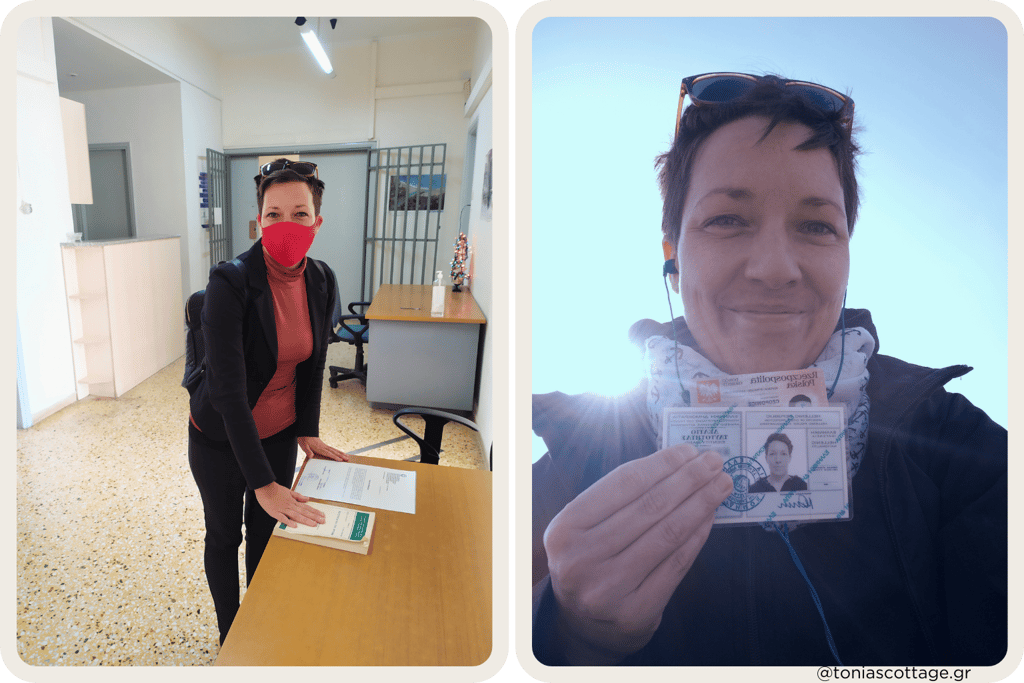 Tonia signing documents at an office and proudly holding a new Greek citizenship ID