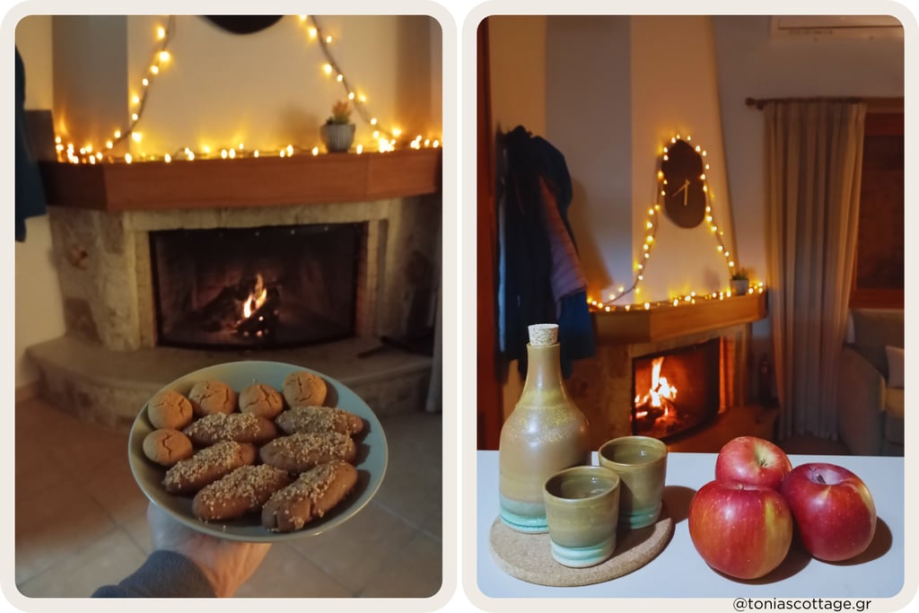 Cozy fireplace scenes with festive lights, homemade cookies, and apples on the table in Crete