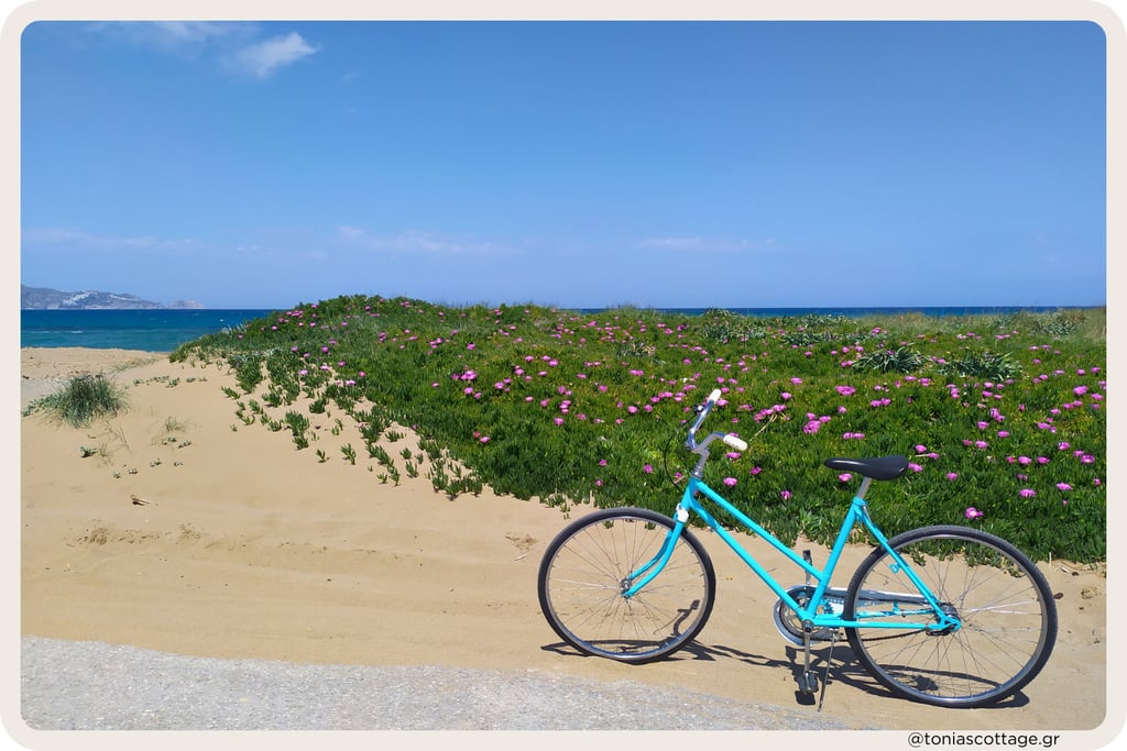 A bicycle parked on a sandy beach in Crete