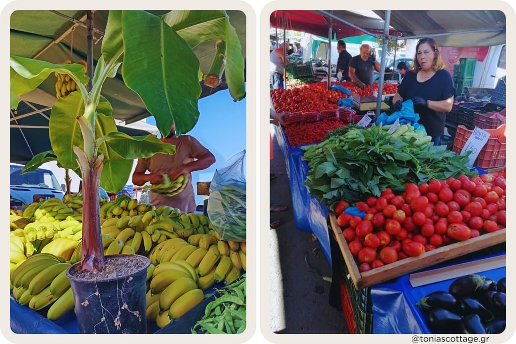 Laiki market in Arkalochori, Crete, showcasing local produce