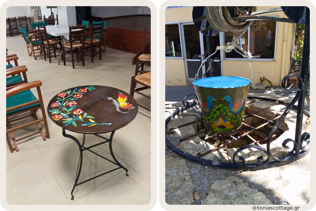 Painted table with poppies and flowerpot well art, Crete village