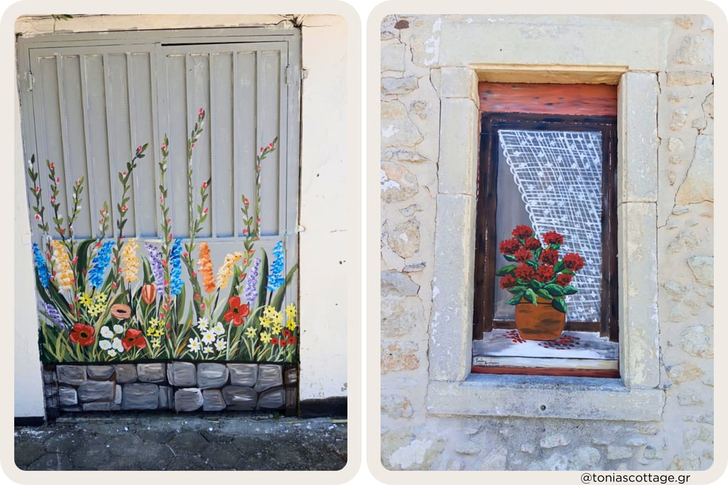 Wildflower mural door and painted window geraniums, Crete village