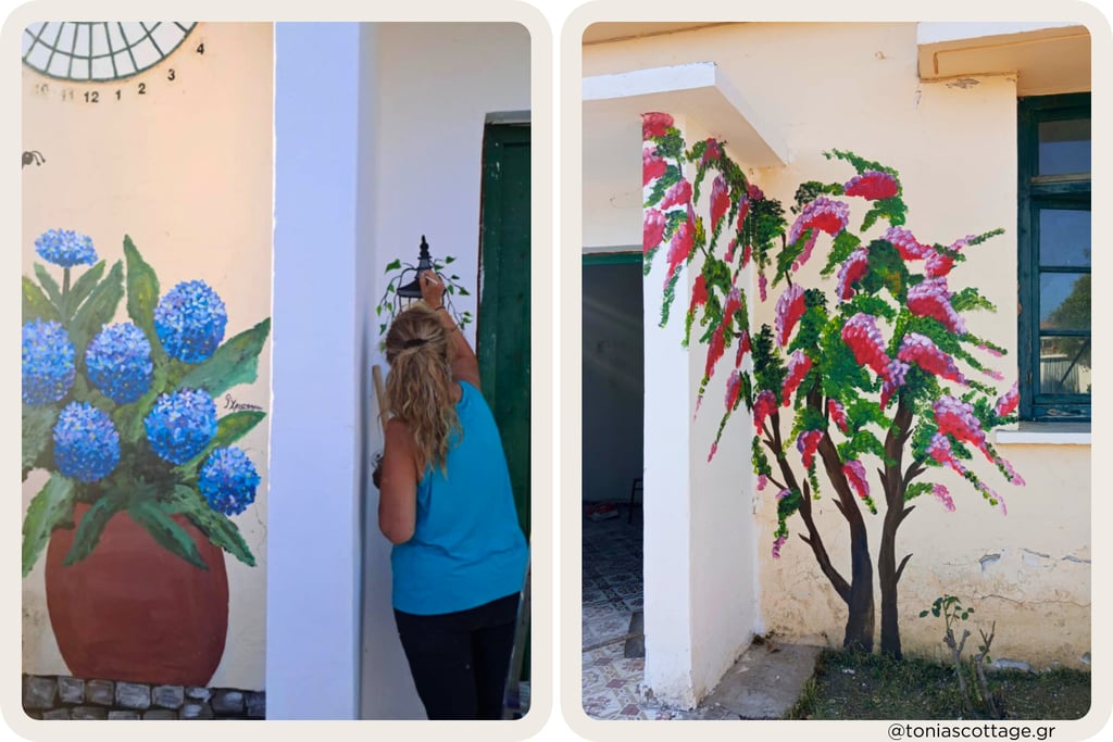 Artist painting wildflowers window and pink peonies mural, Crete village