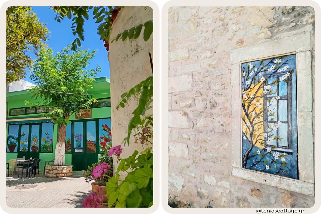 Village café murals and painted window mural, local Crete artist
