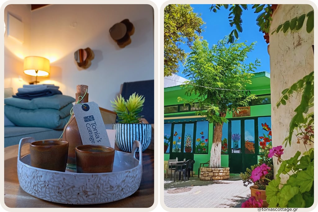 Tonia's Cottage welcome tray with local pottery and a lush green courtyard in a Cretan village.