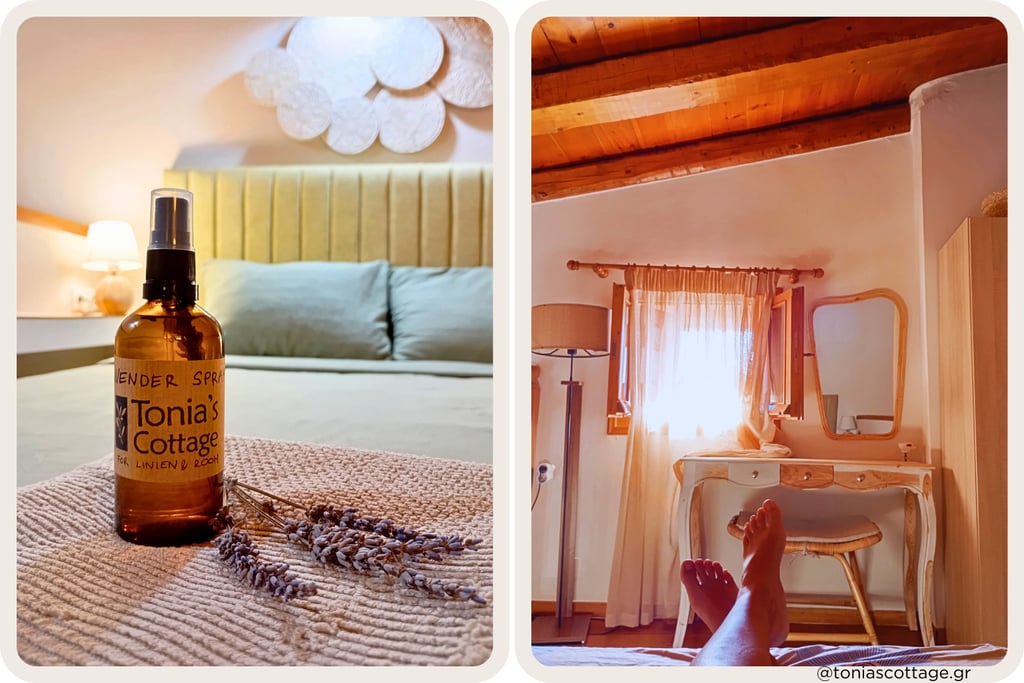 Handmade lavender spray by Tonia's Cottage and relaxing in a Cretan village bedroom