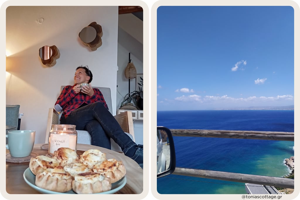 Left: person enjoying coffee with kaltsunia at home. Right: turquoise sea view from the car.