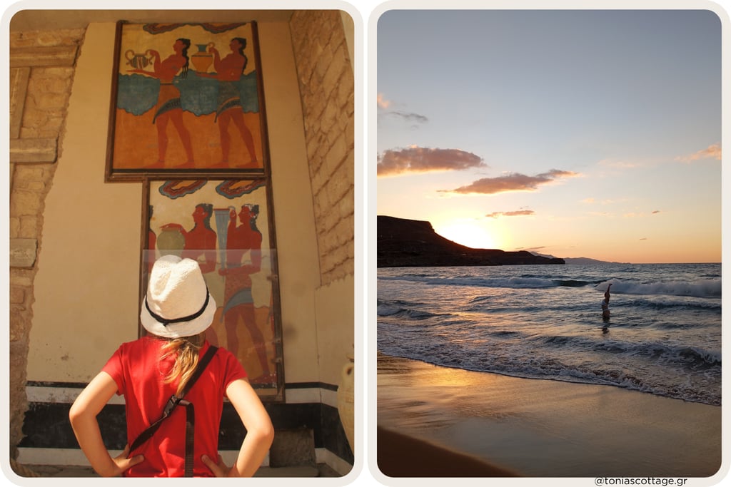 Girl viewing Minoan frescoes at Knossos and a woman paddling at sunset on a Cretan beach.