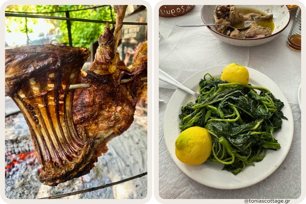 Spit‑roasted lamb ribs and a plate of boiled horta greens with lemon
