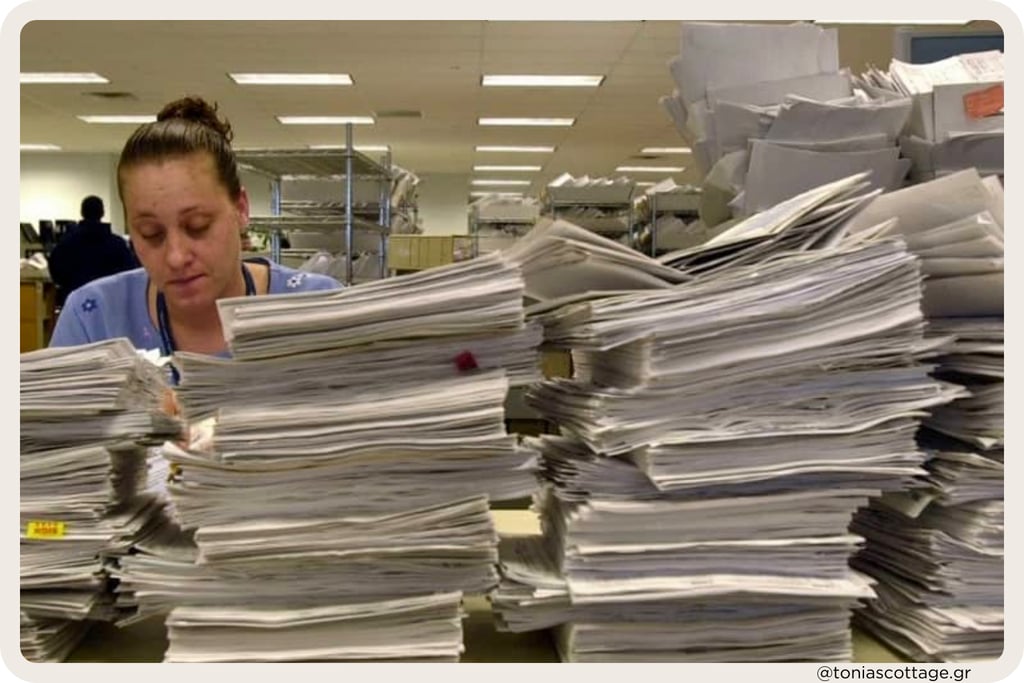 Overwhelmed office worker surrounded by towering stacks of paperwork