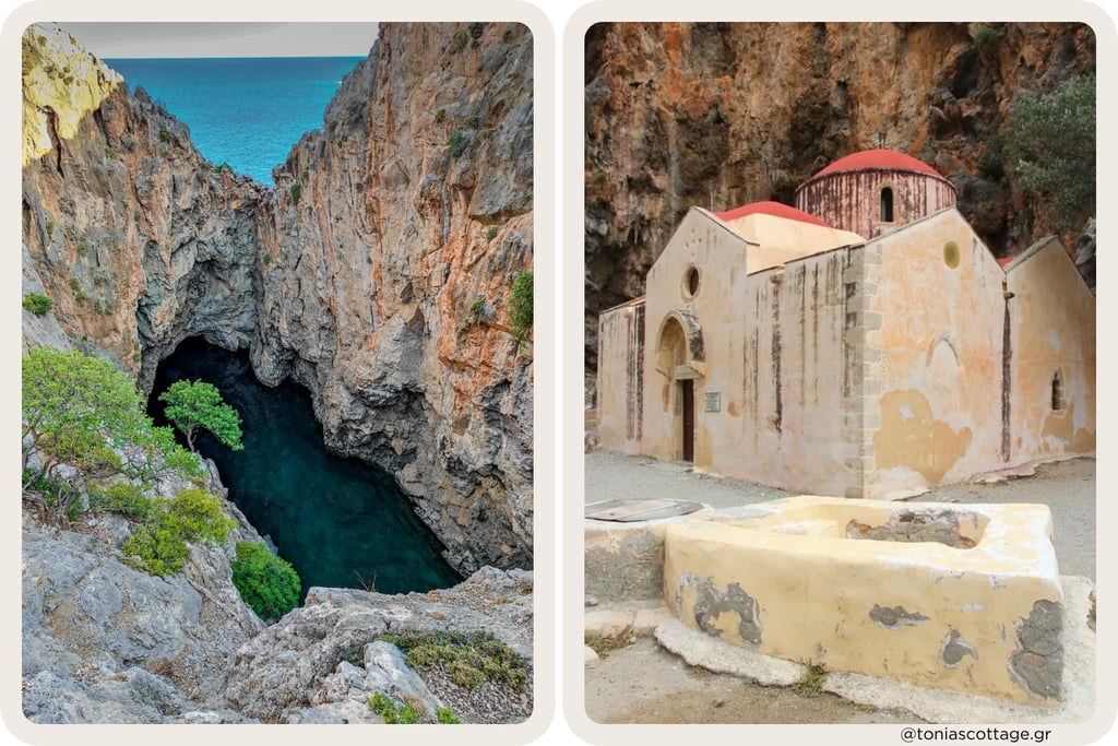 Vourvoulitis pond and Saint Anthony church in Agiofarago gorge, Crete.