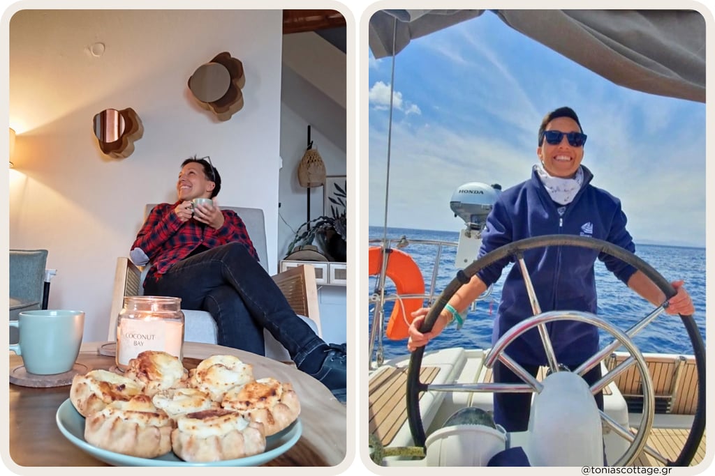 Cottage host Tonia relaxing with homemade pastries and sailing on the Cretan sea.