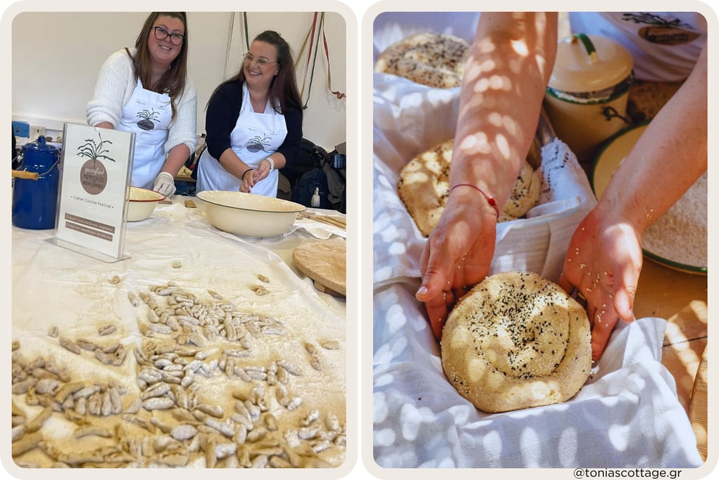 Women preparing and shaping traditional bread at the Cretan Cuisine Festival.