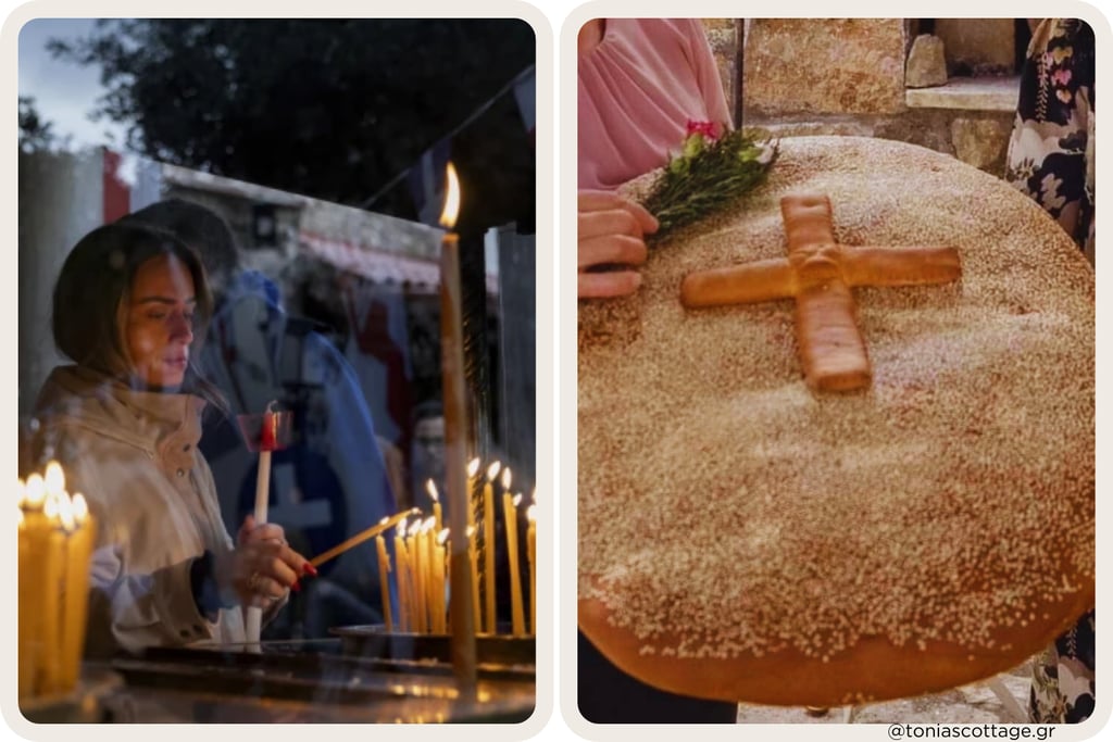 Crete Easter: lighting Resurrection candles and topping bread with a cross