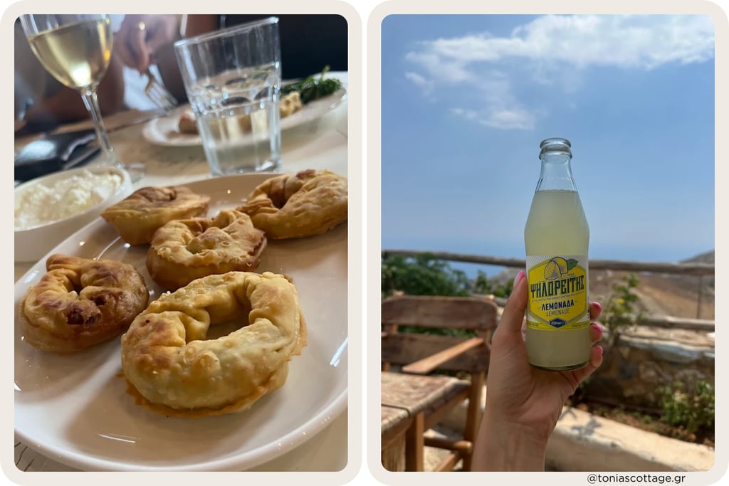 Traditional savory pies and lemoniada Psiloritis with views of Asterousia mountains in Crete
