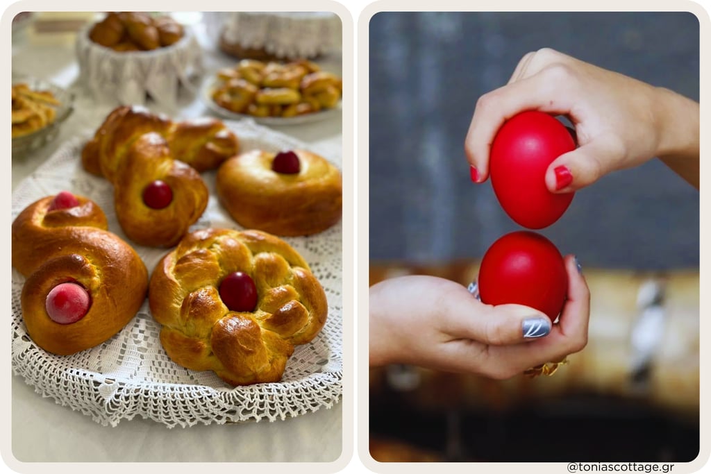 Cretan Easter treats and tsougrisma egg-tapping: koulourakia pastries with red eggs