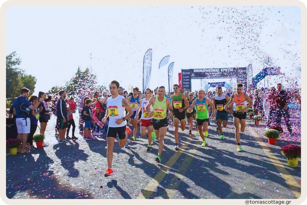Runners at the Crete Half Marathon in Arkalochori, Crete, Greece, October..