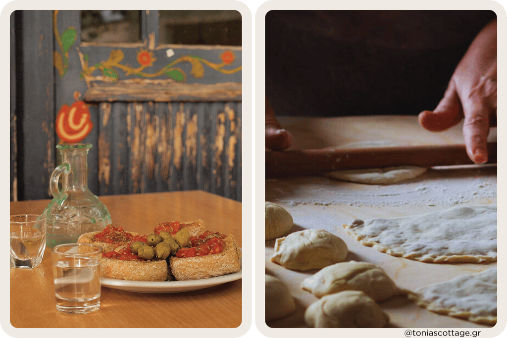 Raki and dakos on the table, with a woman making traditional Cretan pastry