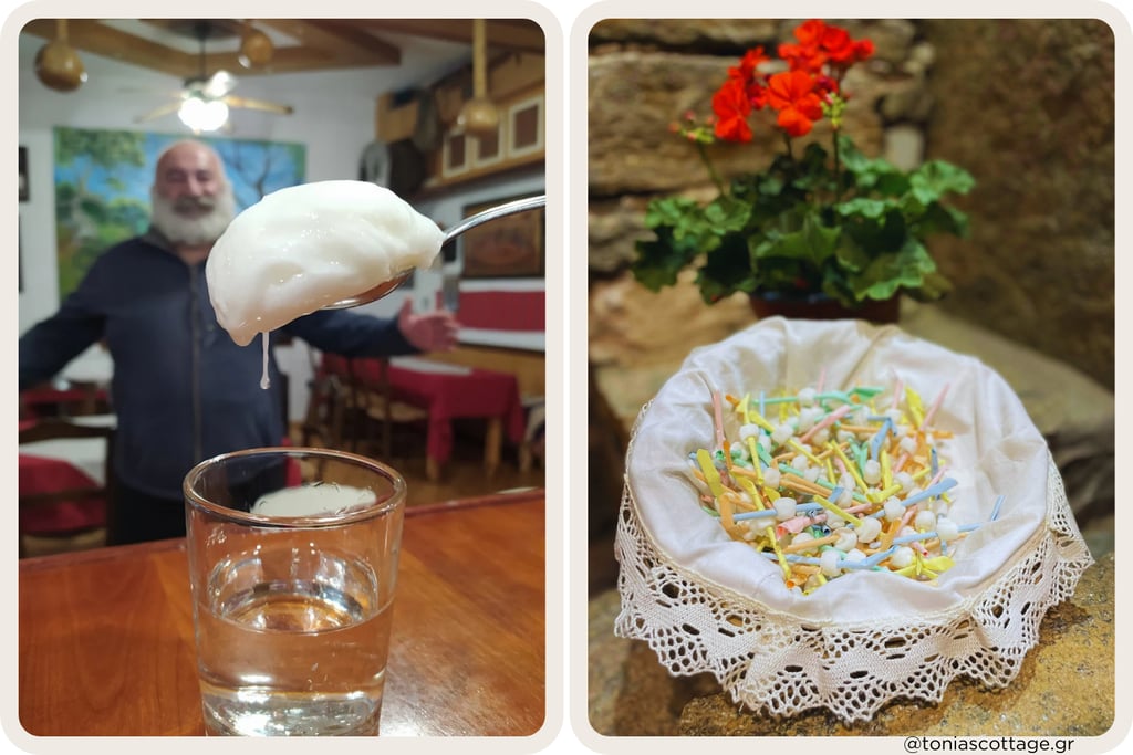 Basket full of Sugared Mantinades beside spoonful of Cretan submarine sweet in glass of water