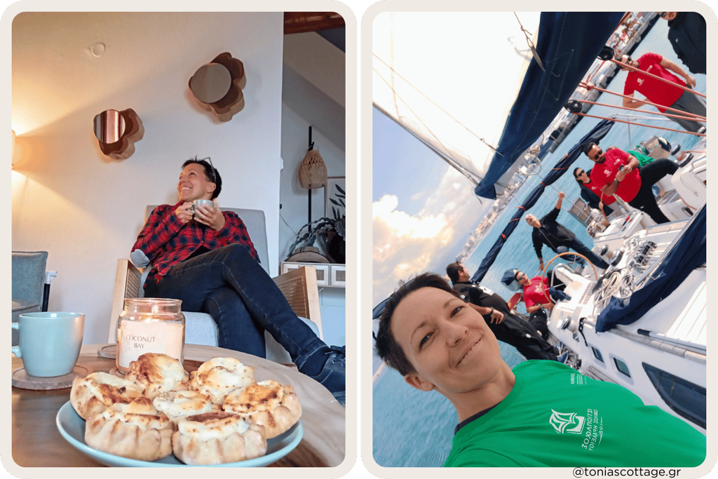 Tonia relaxing with coffee and pastries in a cozy cottage, next to a group sailing on a yacht