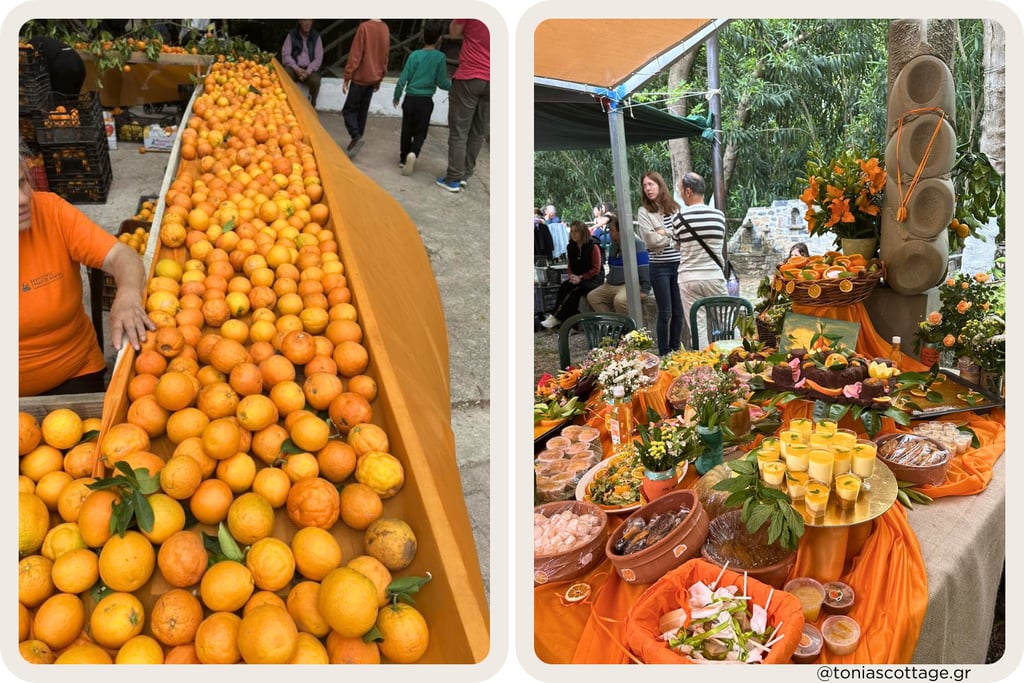 Festive table with citrus-themed treats, flowers, and juices at an Fodele festival in Crete