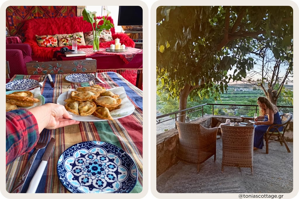 Breakfast with pies and terrace view, local life in Crete village