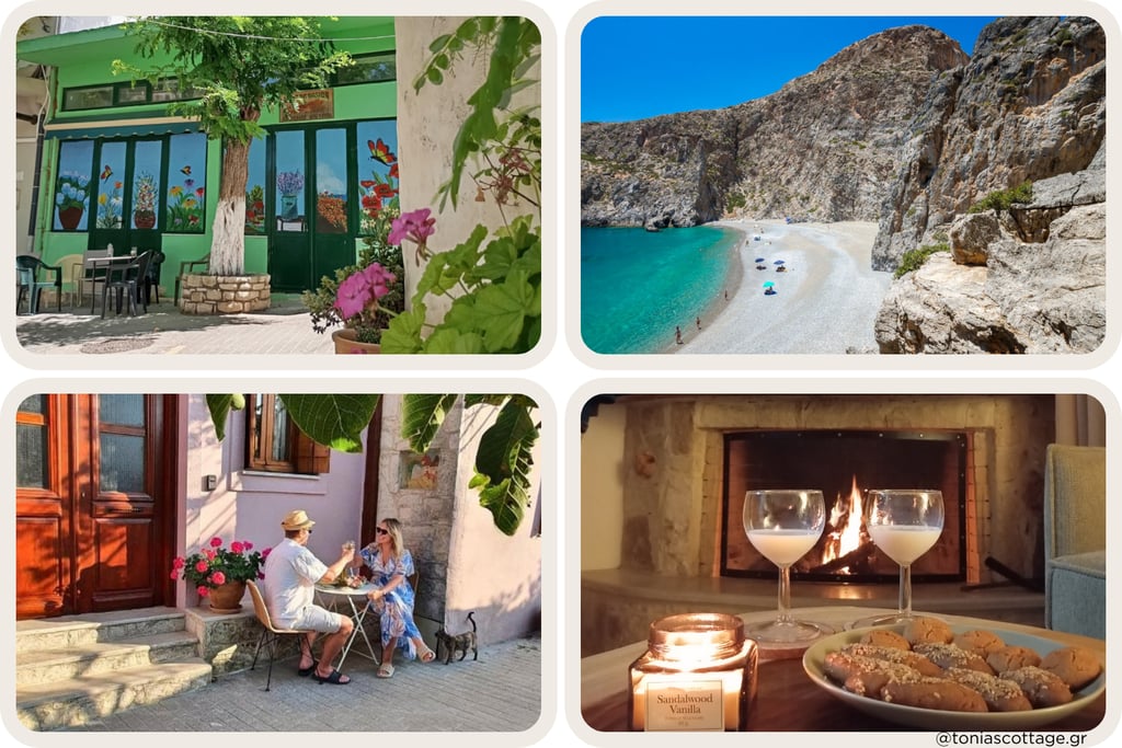 Best time to visit Crete: village square, beach, lunch at the cottage, and cozy winter fireplace