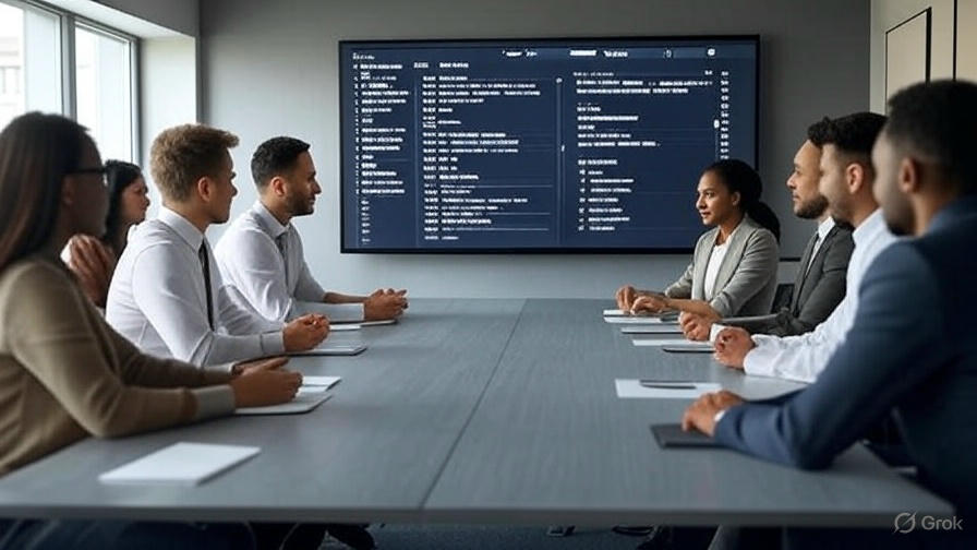 A business team in a meeting room using a large screen with a Notion project tracker showing tasks, 
