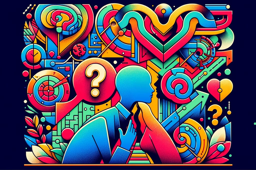 a colorful illustration of a man with a question mark