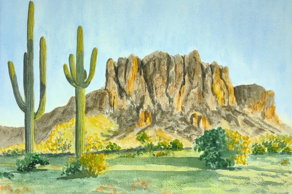 a watercolor painting of a desert scene with cactus and mountains