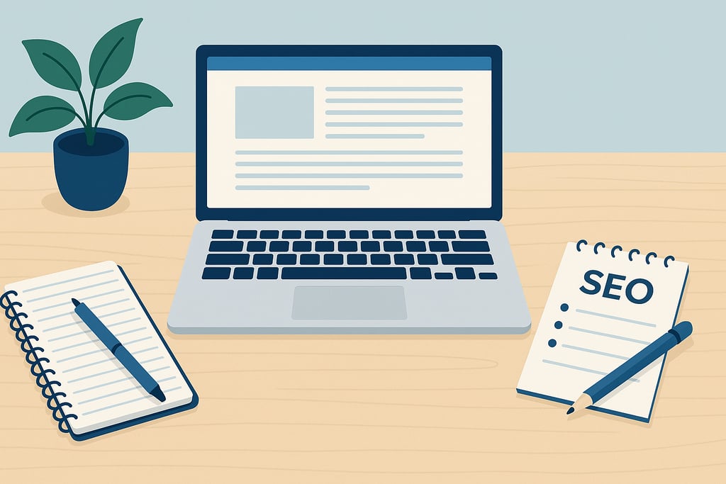 Ilustrasi meja kerja minimalis dengan laptop terbuka menampilkan halaman blog.