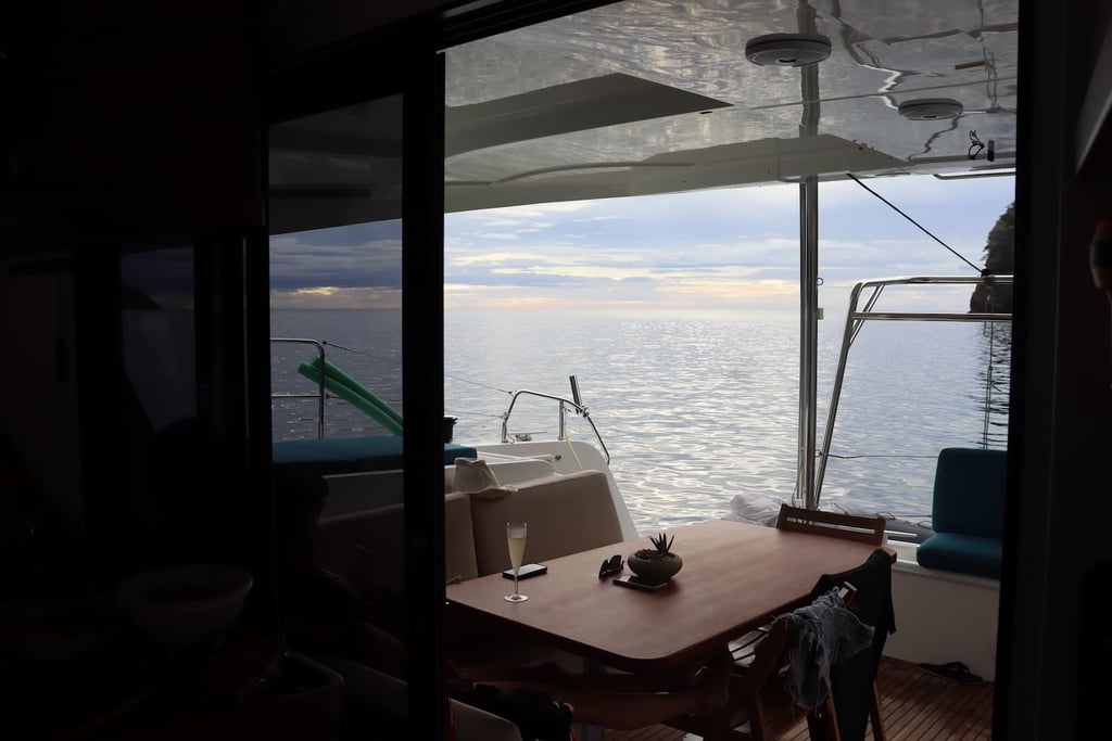 Stunning sunset views from inside Kephas luxury catamaran in Gulf of Papagayo