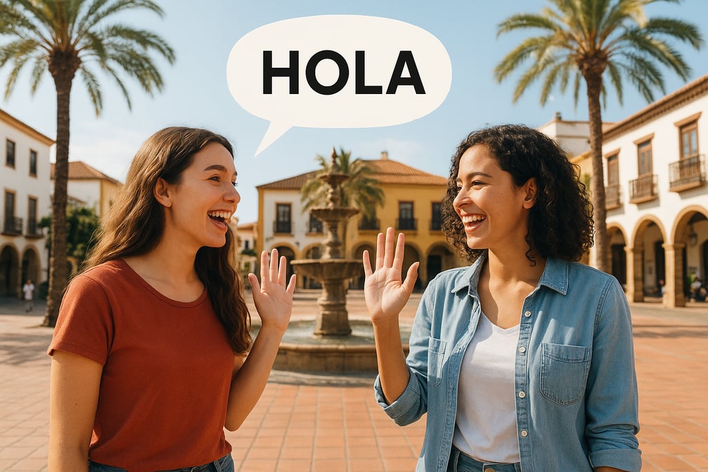 Friends greeting each other in Spanish with hola