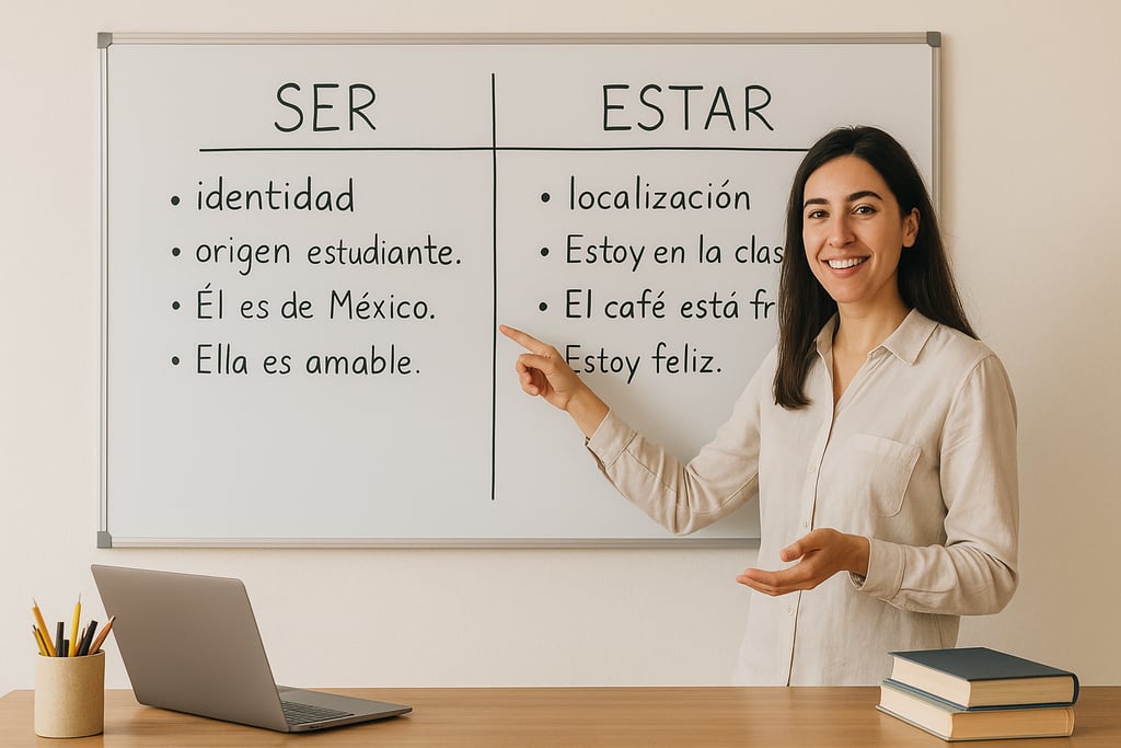 Spanish tutor explaining grammar rules like ser and estar