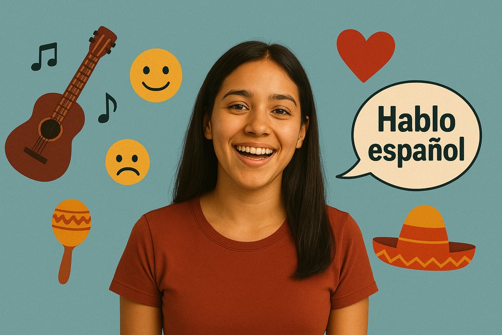 Student feeling confident speaking Spanish, expressing emotions naturally