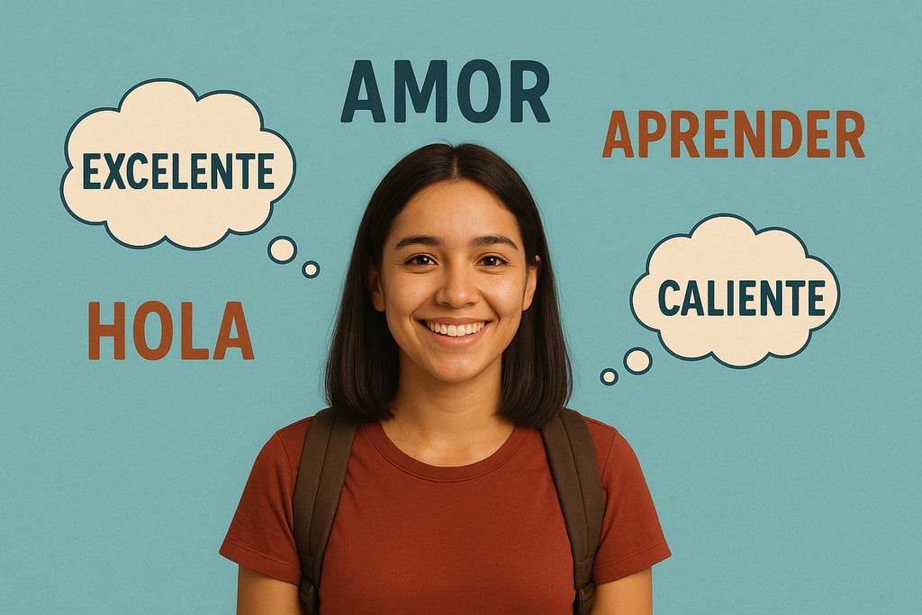 Student thinking in Spanish with words like “Hola” and “Gracias” around her