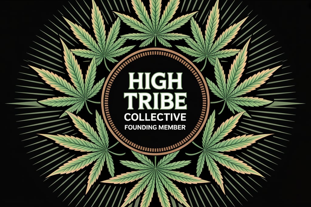 Psychedelic cannabis poster design with glowing green marijuana leaves forming a circular crest, gol