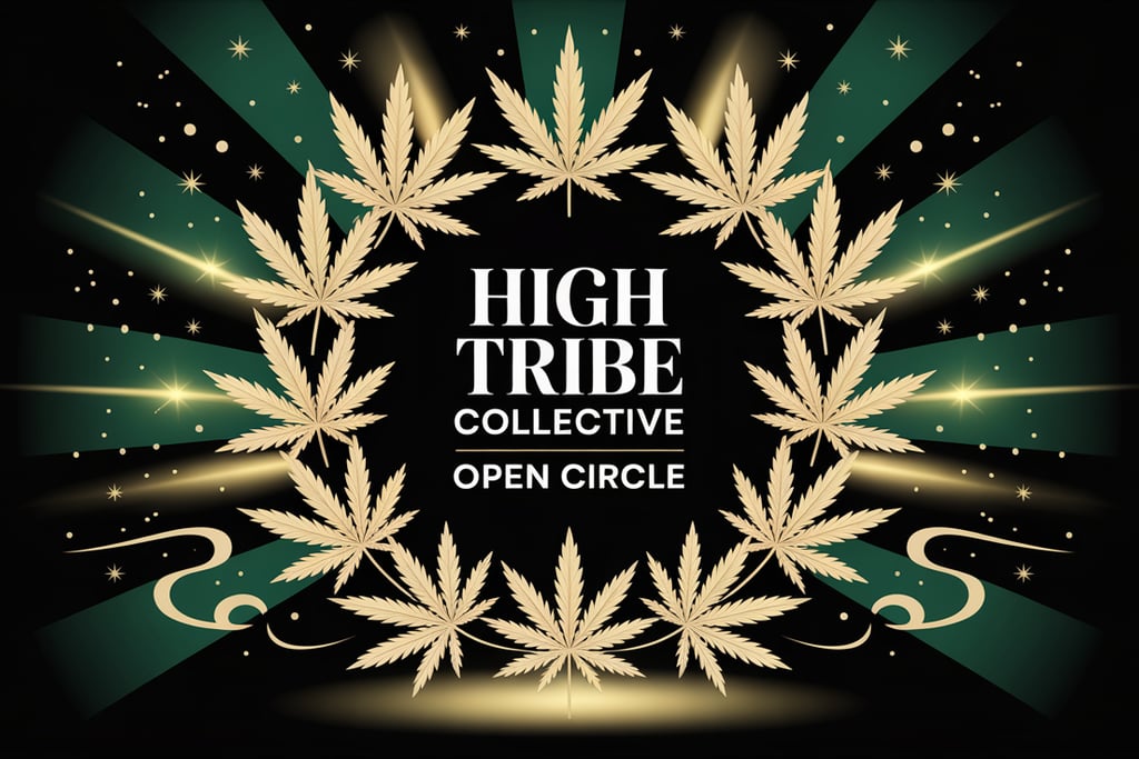 a marijuana leaf with a gold frame and a black background and the words high tribe collective open c